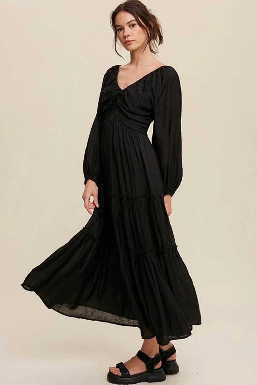 KaleaBoutique V Neck Bowknot Cutout Frill Tiered Maxi Dress