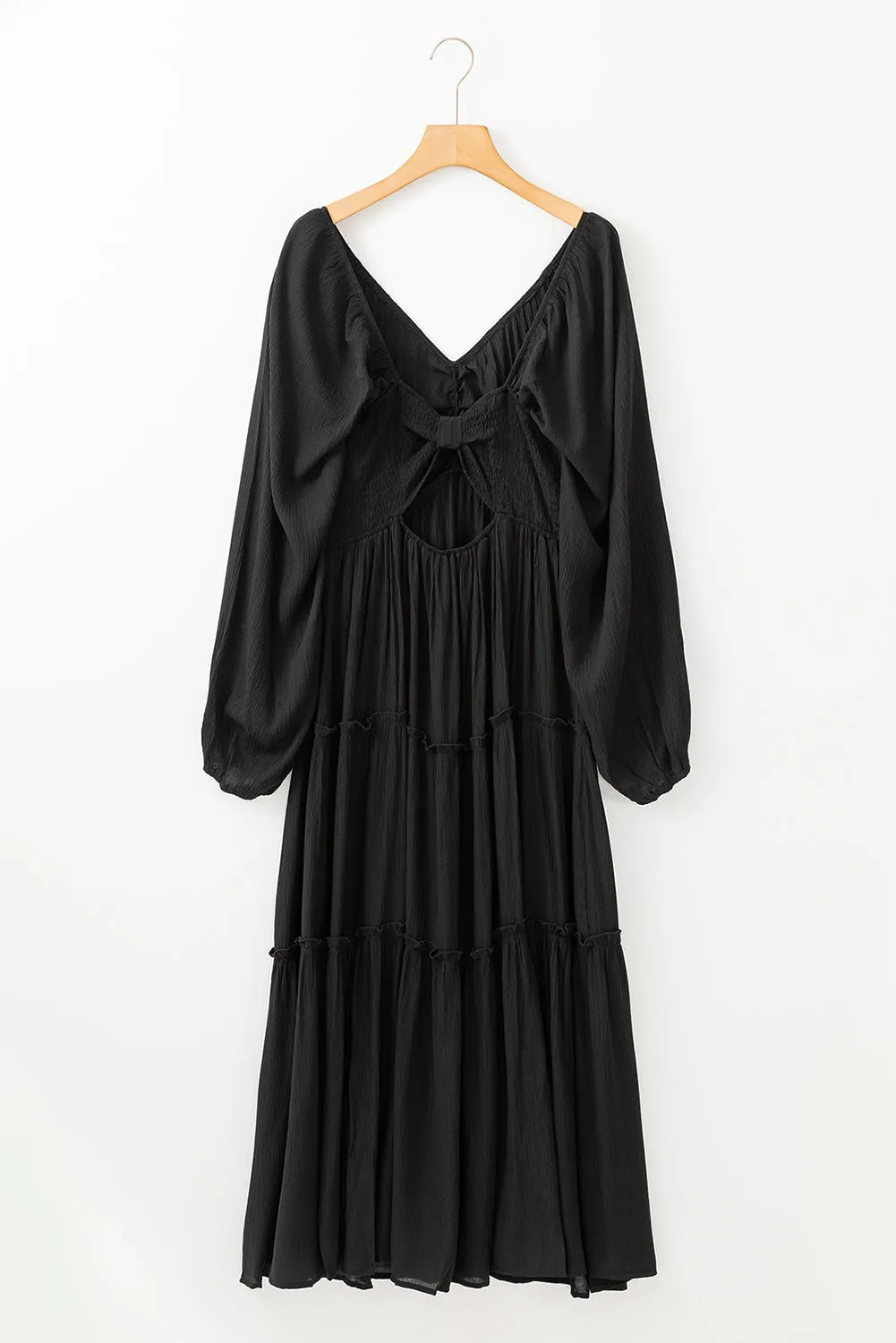 KaleaBoutique V Neck Bowknot Cutout Frill Tiered Maxi Dress