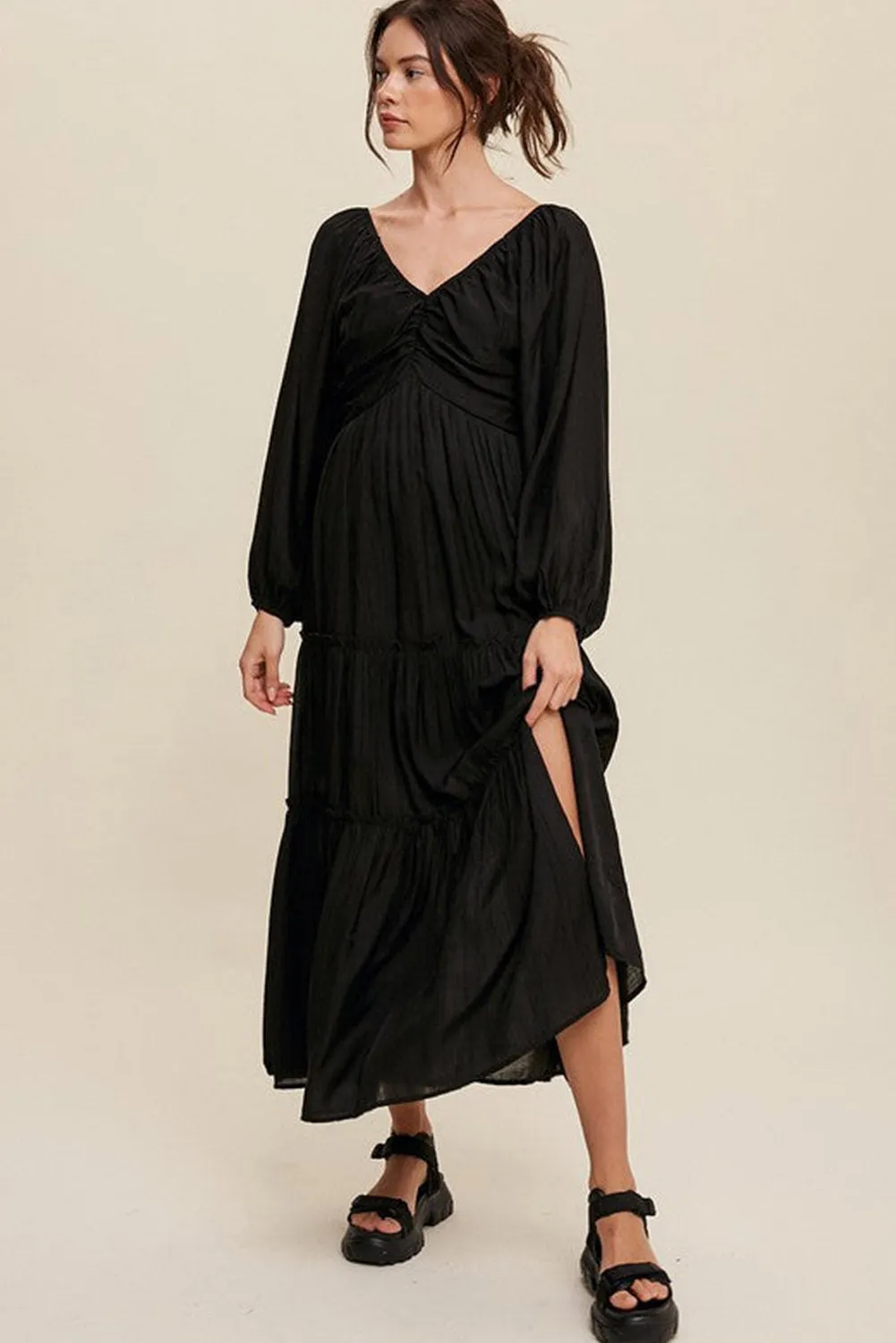 KaleaBoutique V Neck Bowknot Cutout Frill Tiered Maxi Dress