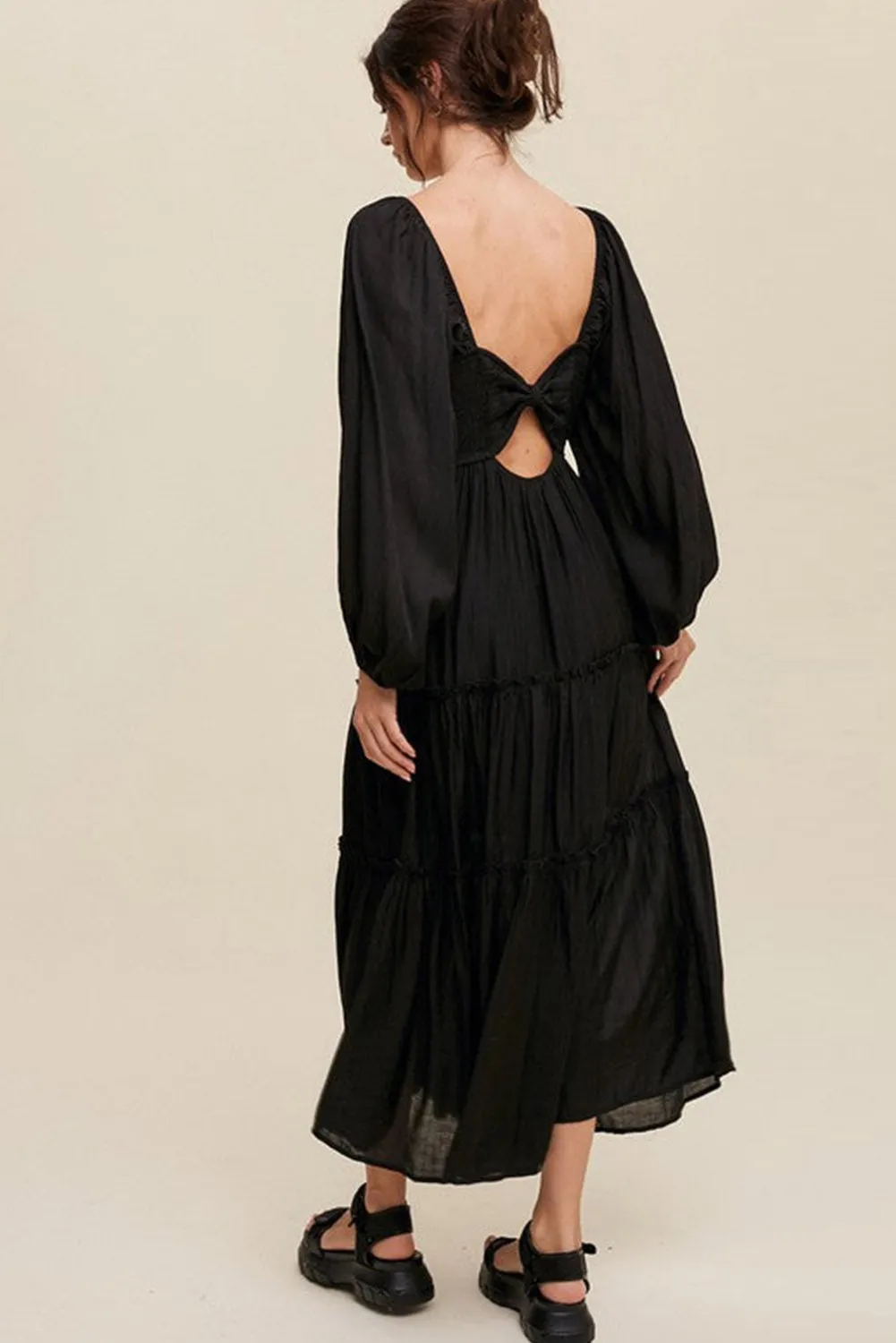 KaleaBoutique V Neck Bowknot Cutout Frill Tiered Maxi Dress
