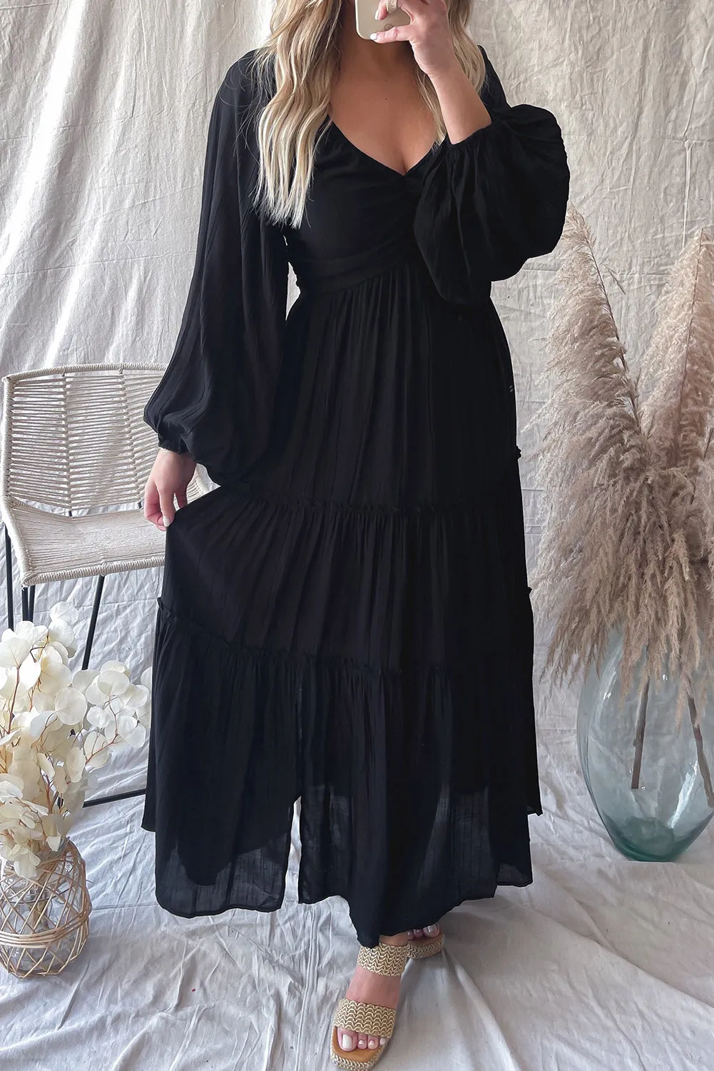 KaleaBoutique V Neck Bowknot Cutout Frill Tiered Maxi Dress