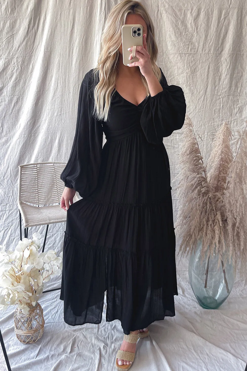 KaleaBoutique V Neck Bowknot Cutout Frill Tiered Maxi Dress