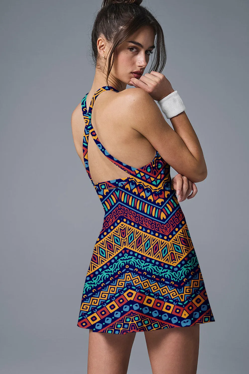 KaleidoTribe Court Dress – Vibrant Geometric Activewear for Tennis, Pickleball & More