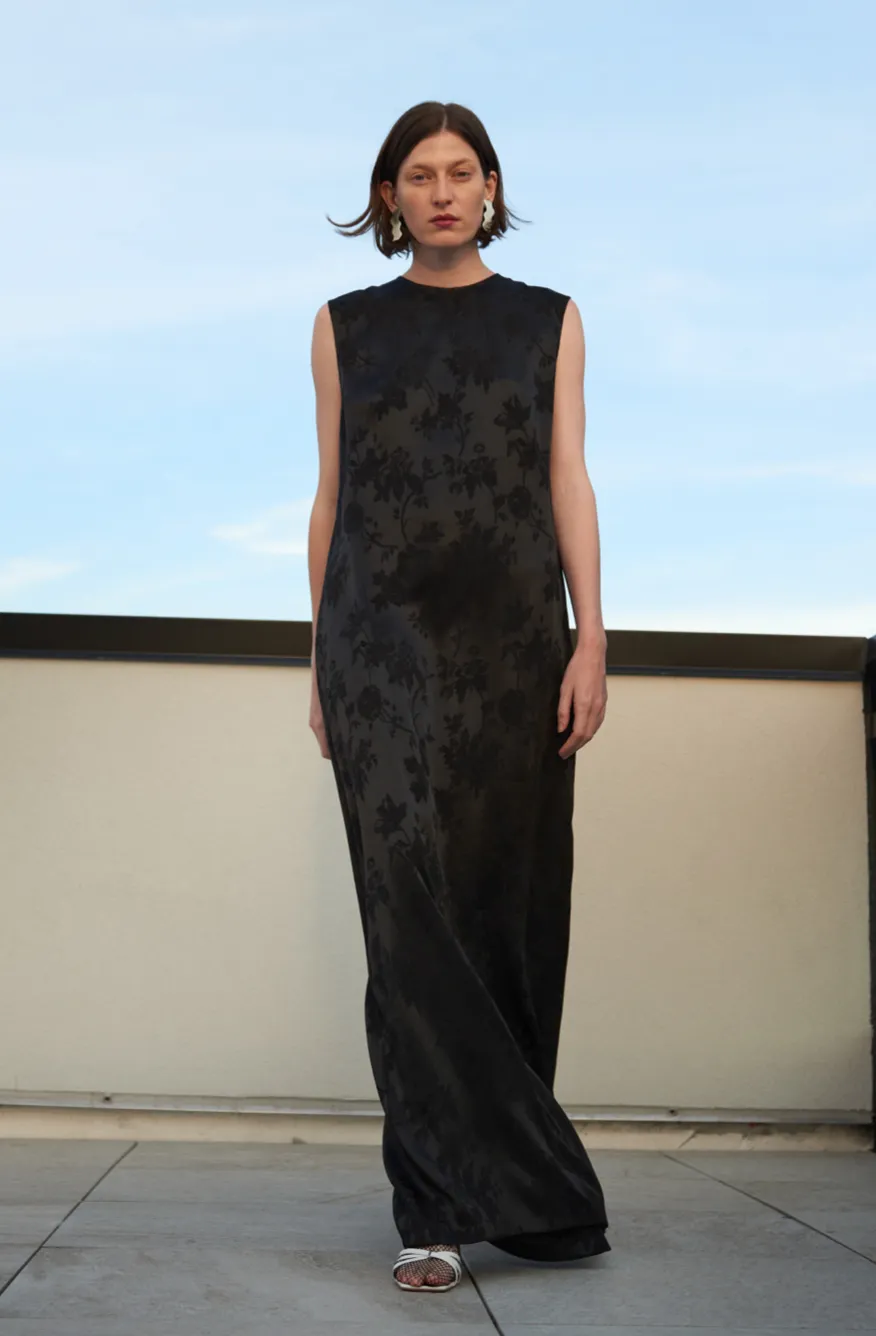 Kallmeyer Black Satin Brocade Circle Back Gown