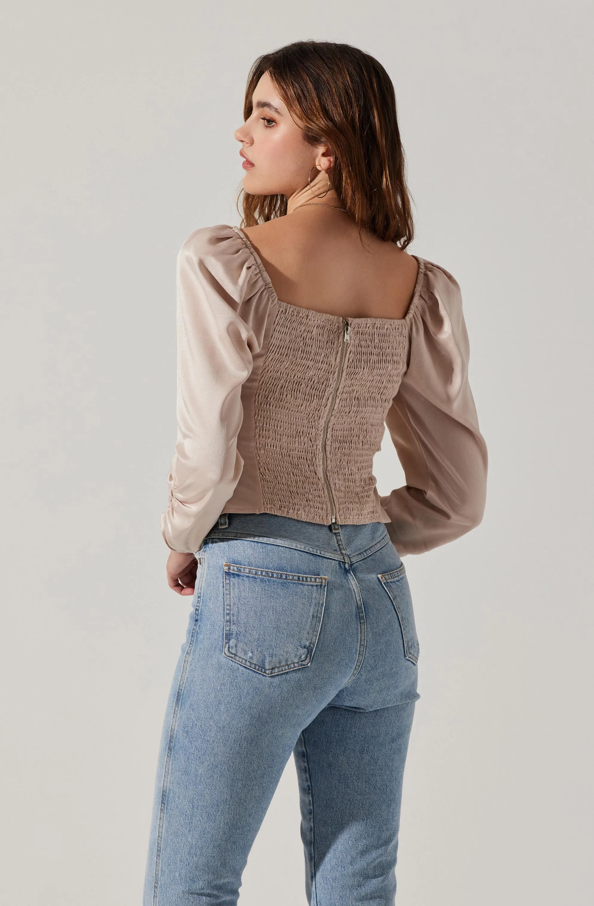 Katija Satin Cowl Neck Puff Sleeve Top