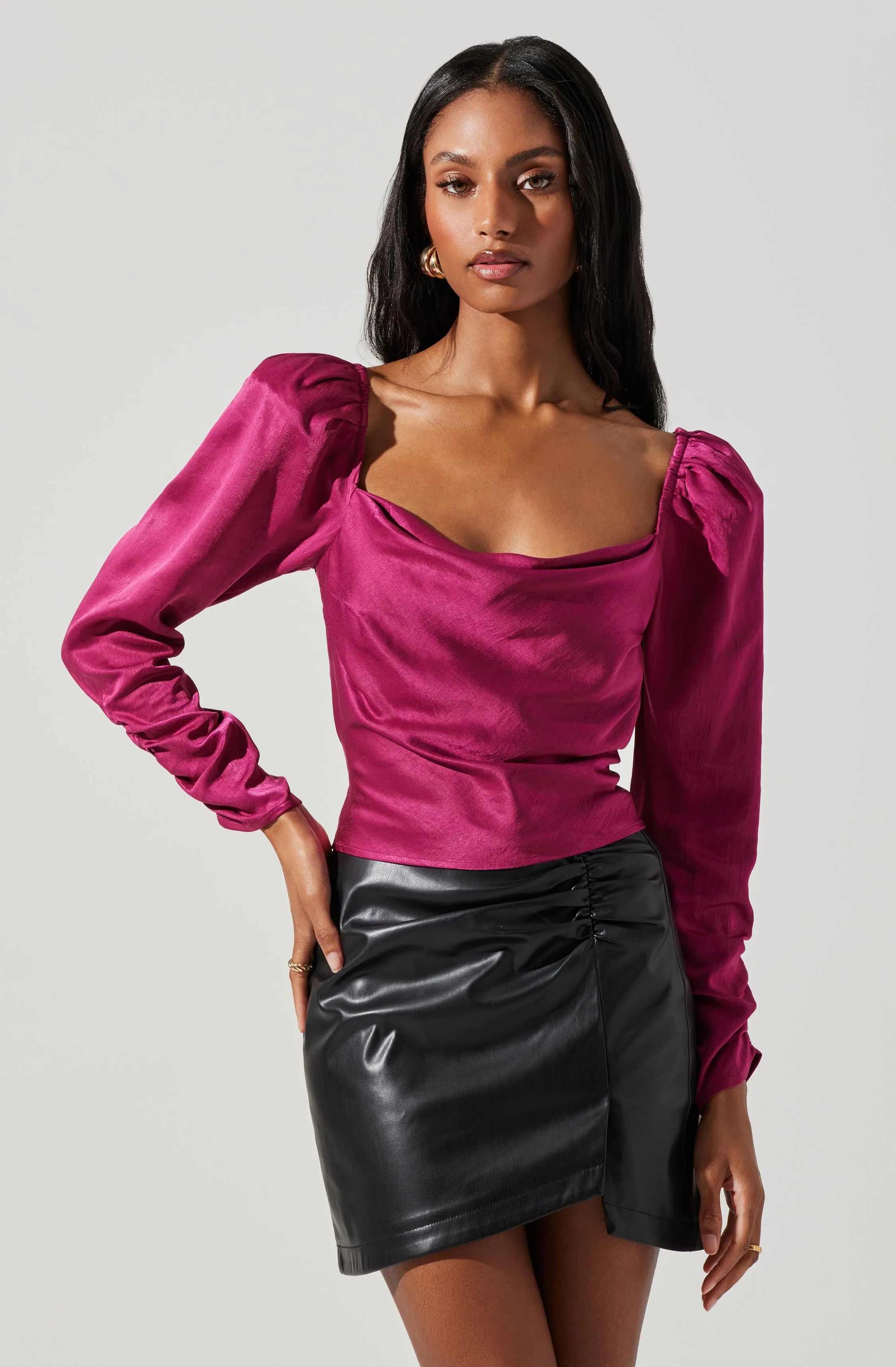 Katija Satin Cowl Neck Puff Sleeve Top