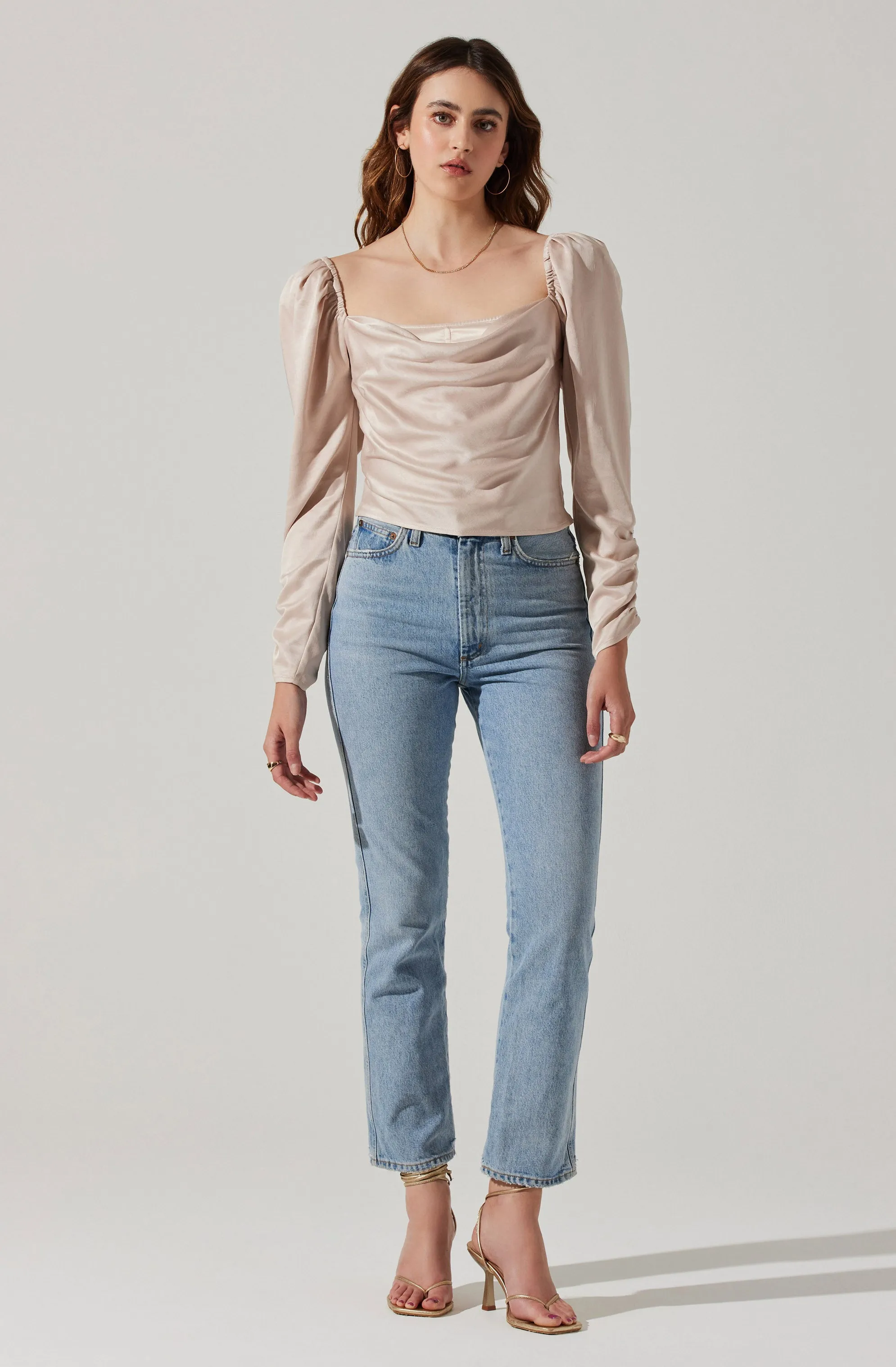 Katija Satin Cowl Neck Puff Sleeve Top