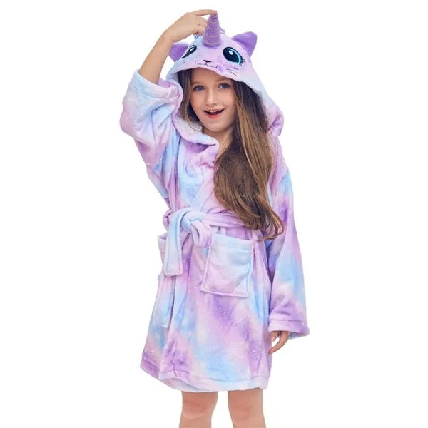 Kids Unicorn Hooded Robe Fleece Hoody Sleepwear Pajamas