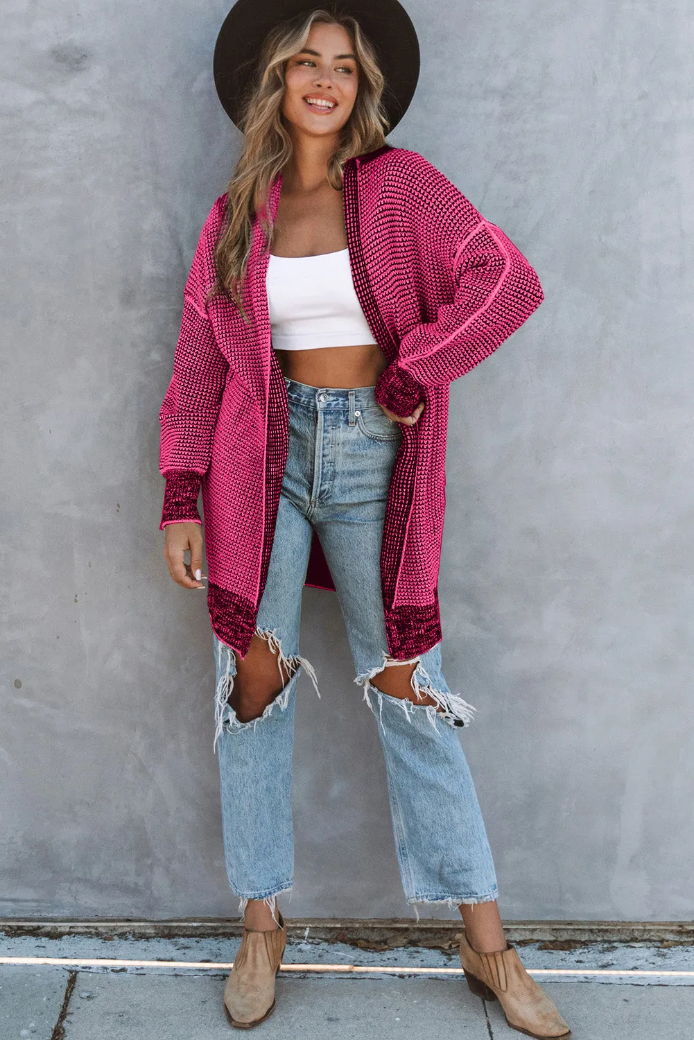 Knitted Long Open Front Cardigan