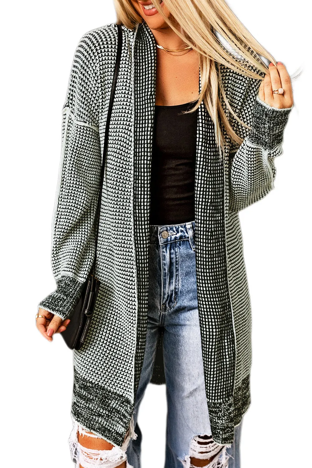 Knitted Long Open Front Cardigan