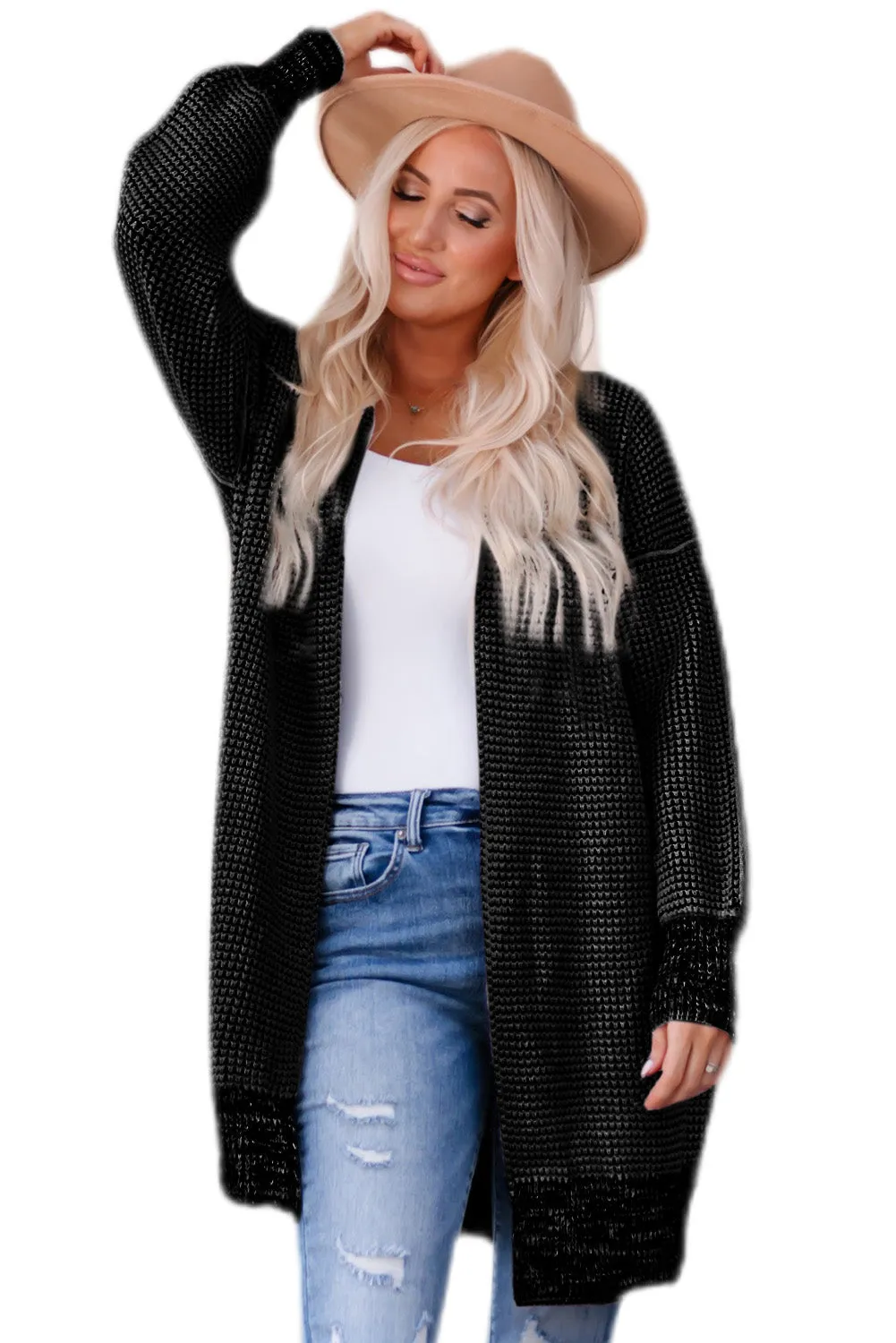 Knitted Long Open Front Cardigan