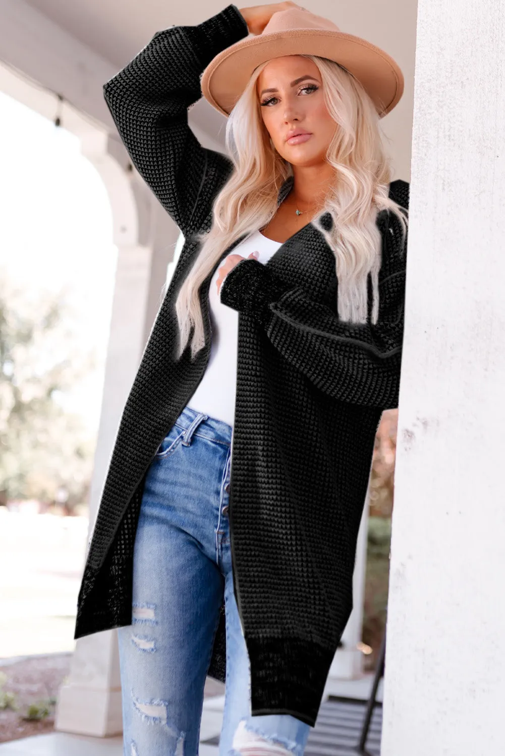 Knitted Long Open Front Cardigan