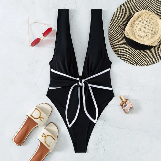 Knot one piece swimsuit women Sexy high cut bathing suit swimwear