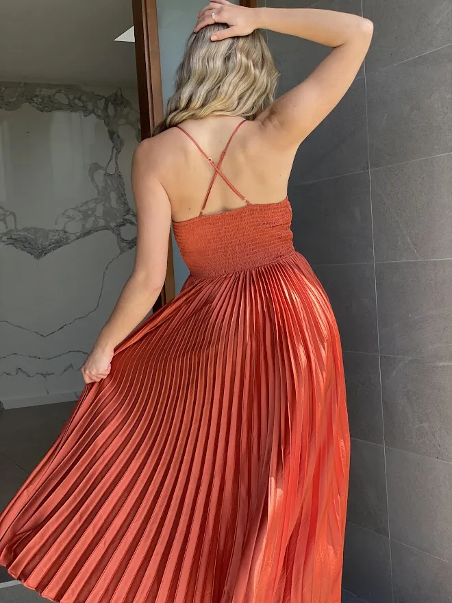 LA1272SS Satin Pleated V-Neck Dress