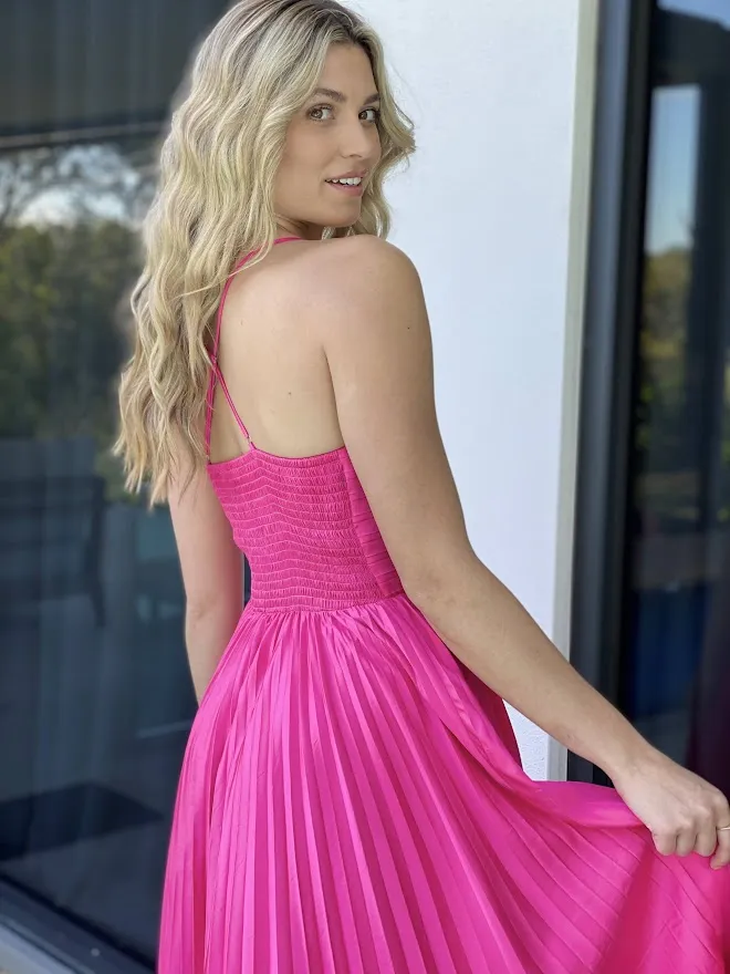 LA1272SS Satin Pleated V-Neck Dress