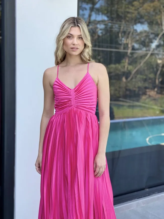 LA1272SS Satin Pleated V-Neck Dress