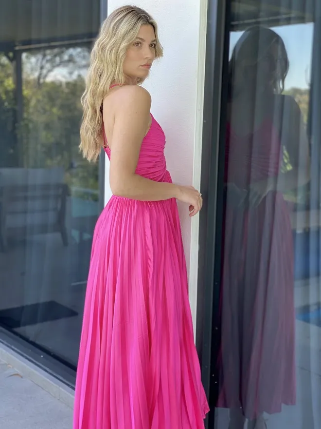 LA1272SS Satin Pleated V-Neck Dress