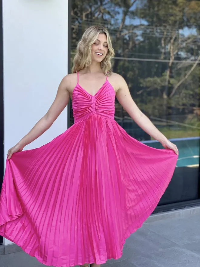 LA1272SS Satin Pleated V-Neck Dress