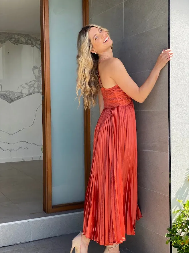 LA1272SS Satin Pleated V-Neck Dress