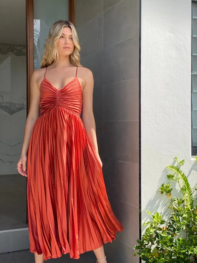 LA1272SS Satin Pleated V-Neck Dress