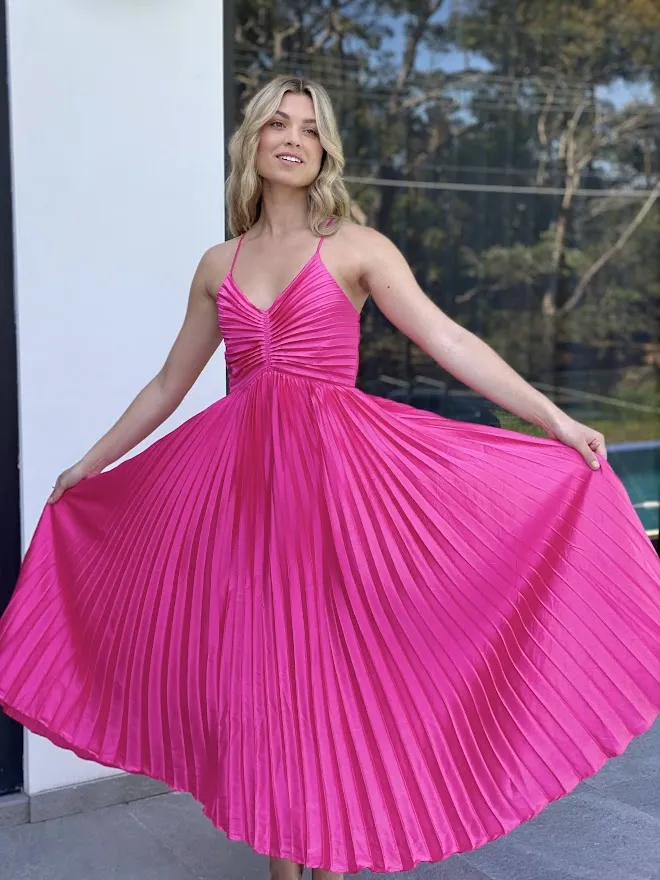 LA1272SS Satin Pleated V-Neck Dress