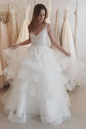 Lace Backless Wedding Dress with Netting Edged Skirt