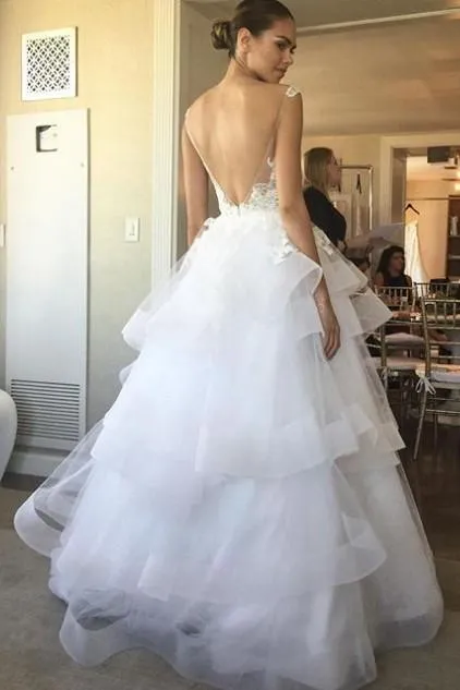 Lace Backless Wedding Dress with Netting Edged Skirt