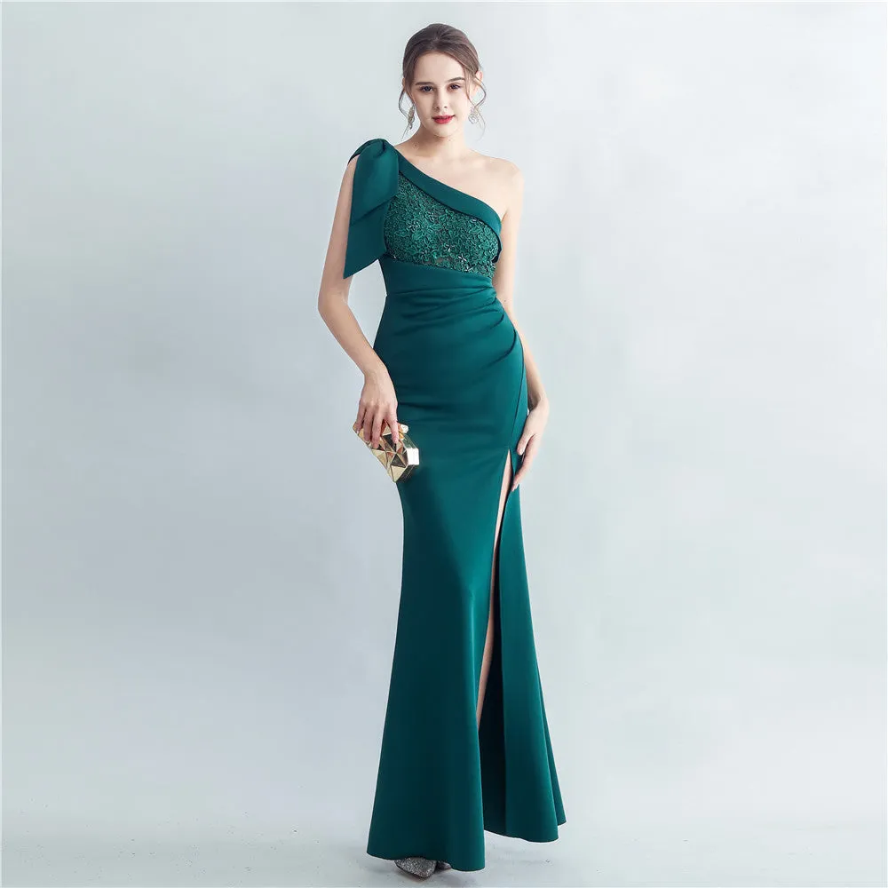 Lace Beaded One Shoulder Roman Collar Side Slit Evening Dress