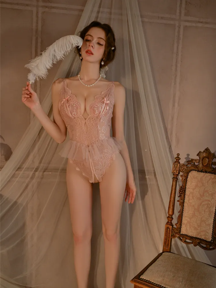 Lace Deep V crotchless teddy lingerie