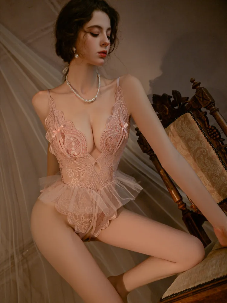 Lace Deep V crotchless teddy lingerie