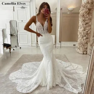 Lace Mermaid Wedding Dresses Spaghetti Strap Bride Dress Backless