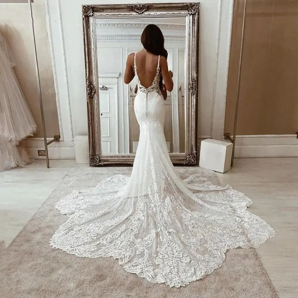 Lace Mermaid Wedding Dresses Spaghetti Strap Bride Dress Backless