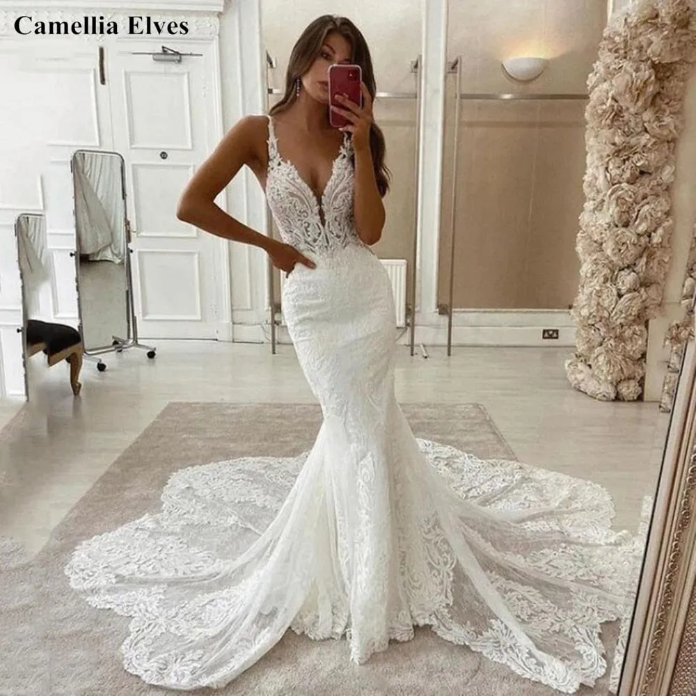 Lace Mermaid Wedding Dresses Spaghetti Strap Bride Dress Backless