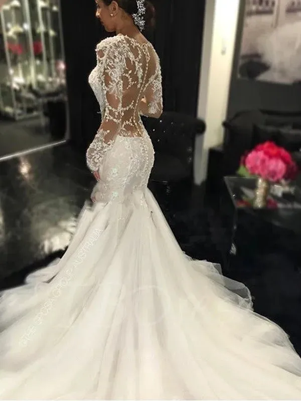 Lace Mermaid Wedding White Dresses Dubai African Arabic See Through