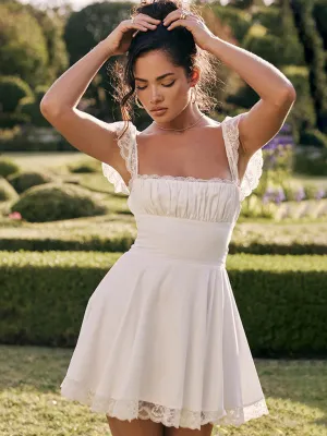 Lace Mini Dress with Square Neck and Ruched Bodice