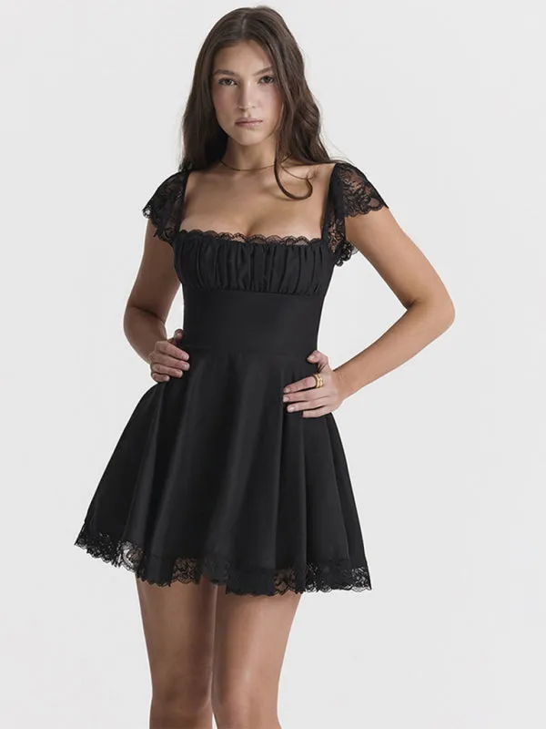 Lace Mini Dress with Square Neck and Ruched Bodice