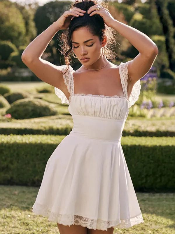 Lace Mini Dress with Square Neck and Ruched Bodice