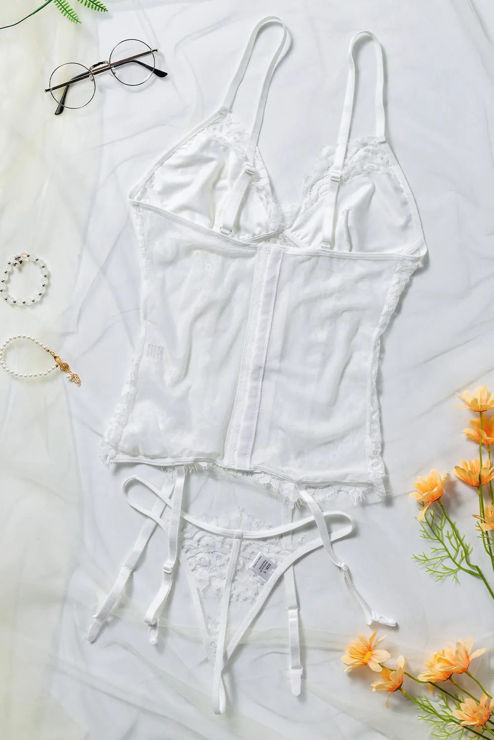Lace Spaghetti Strap Two-Piece Lingerie Set With Garter Belt