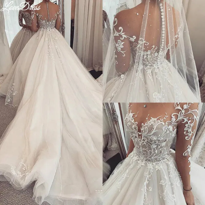 Lace Wedding Dress V-Neck Long Sleeves Princess Wedding Gown