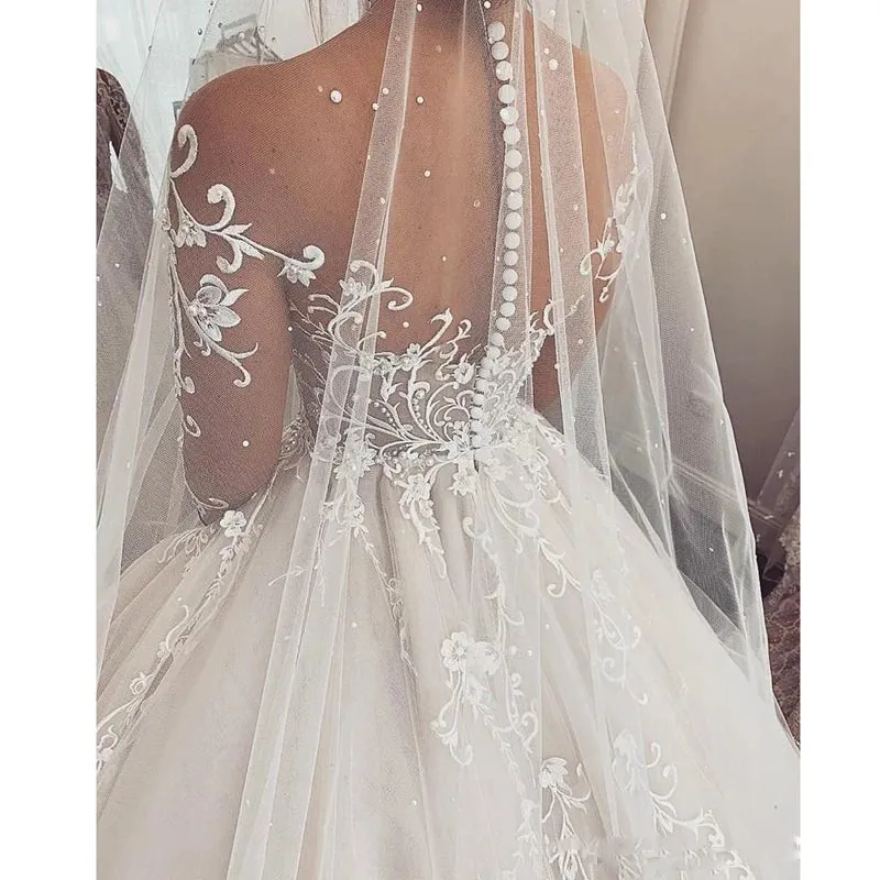 Lace Wedding Dress V-Neck Long Sleeves Princess Wedding Gown