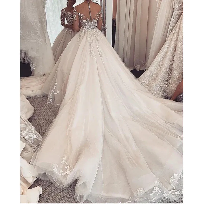 Lace Wedding Dress V-Neck Long Sleeves Princess Wedding Gown