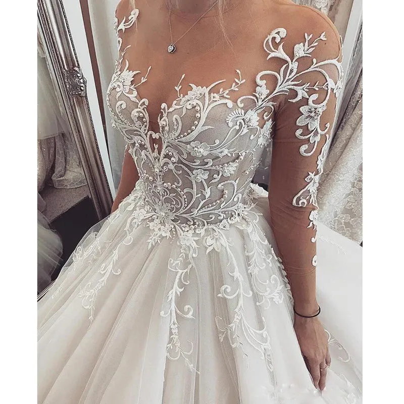 Lace Wedding Dress V-Neck Long Sleeves Princess Wedding Gown
