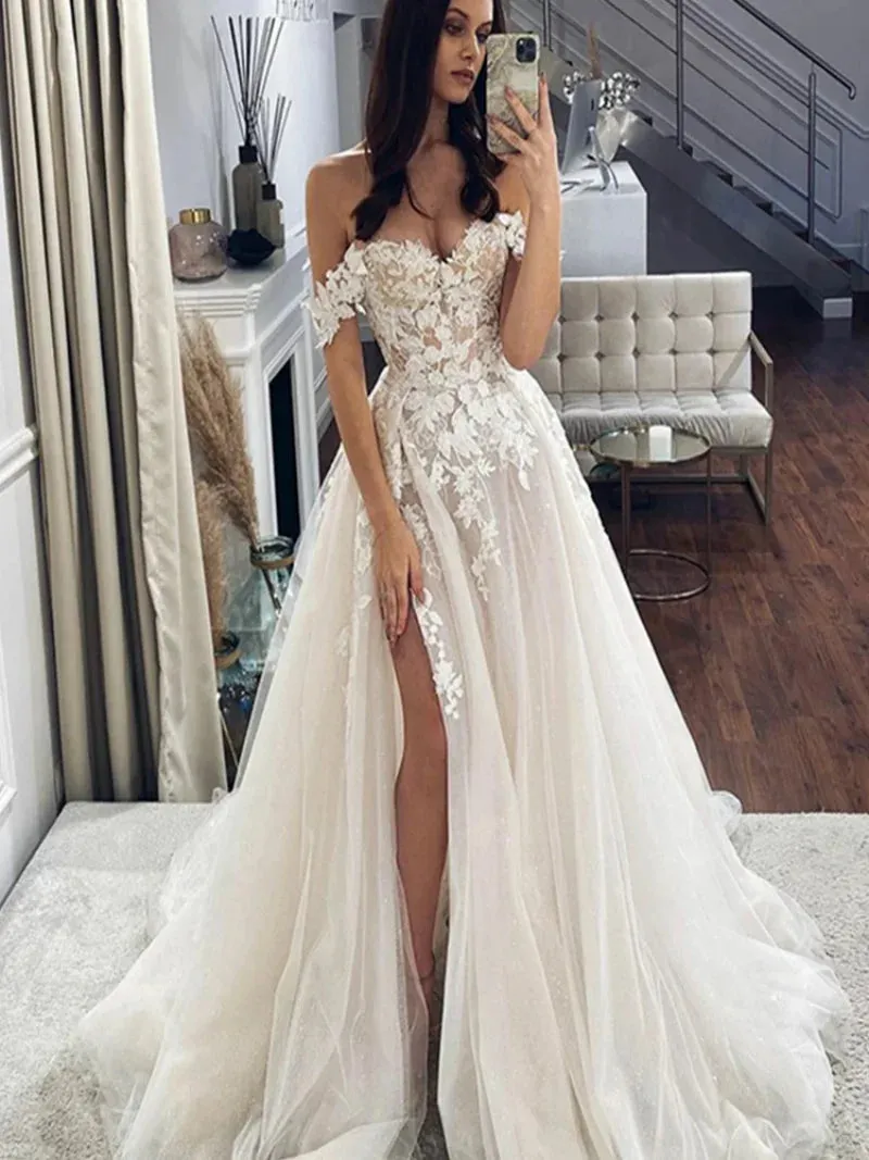 Lace Wedding Dresses Off The Shoulder Neck Bridal Gowns Side Split