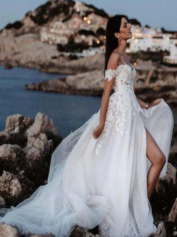 Lace Wedding Dresses Off The Shoulder Neck Bridal Gowns Side Split