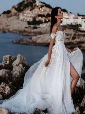 Lace Wedding Dresses Off The Shoulder Neck Bridal Gowns Side Split