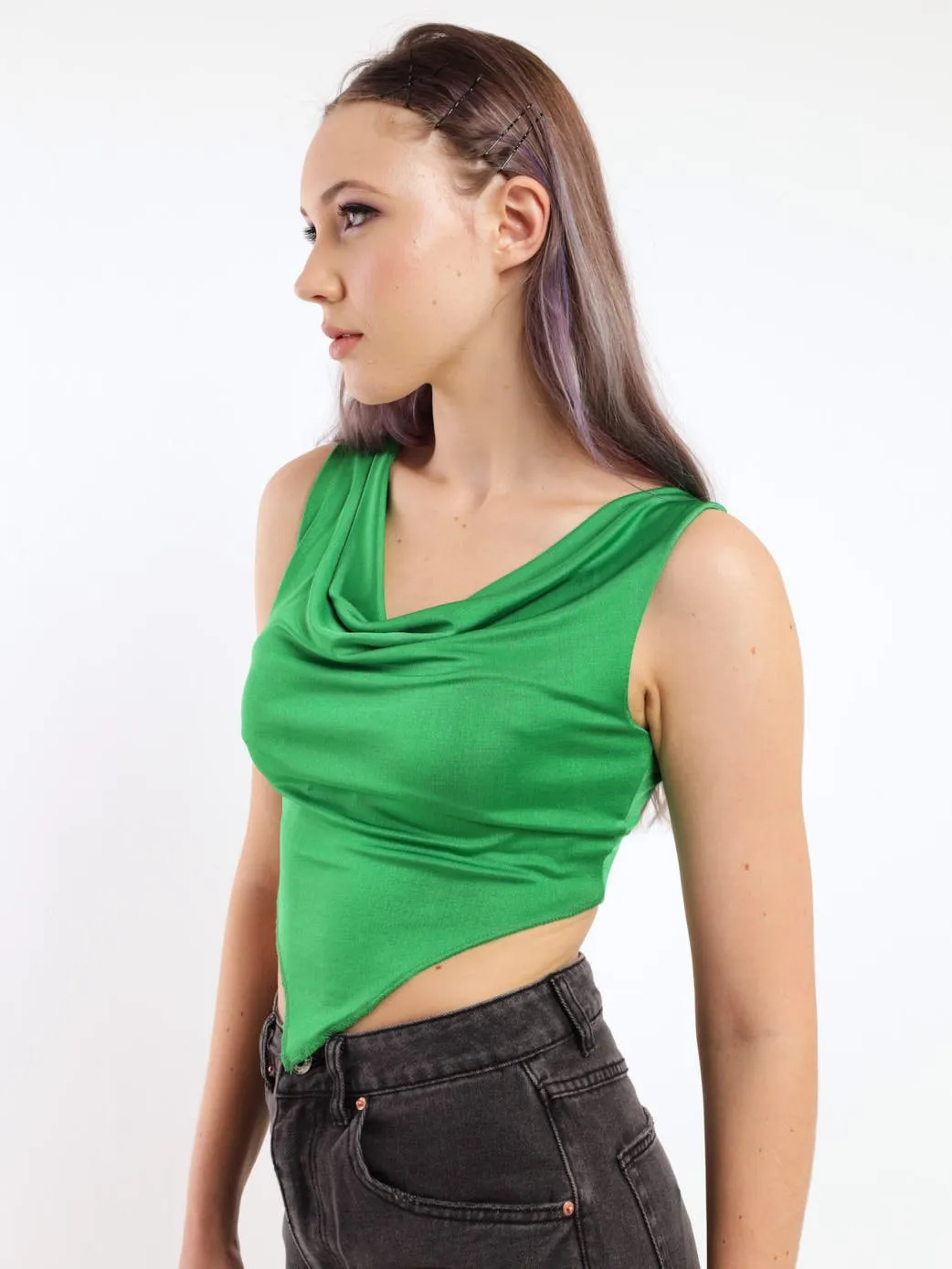 Ladies Cowl Neck V-Crop Top - Green