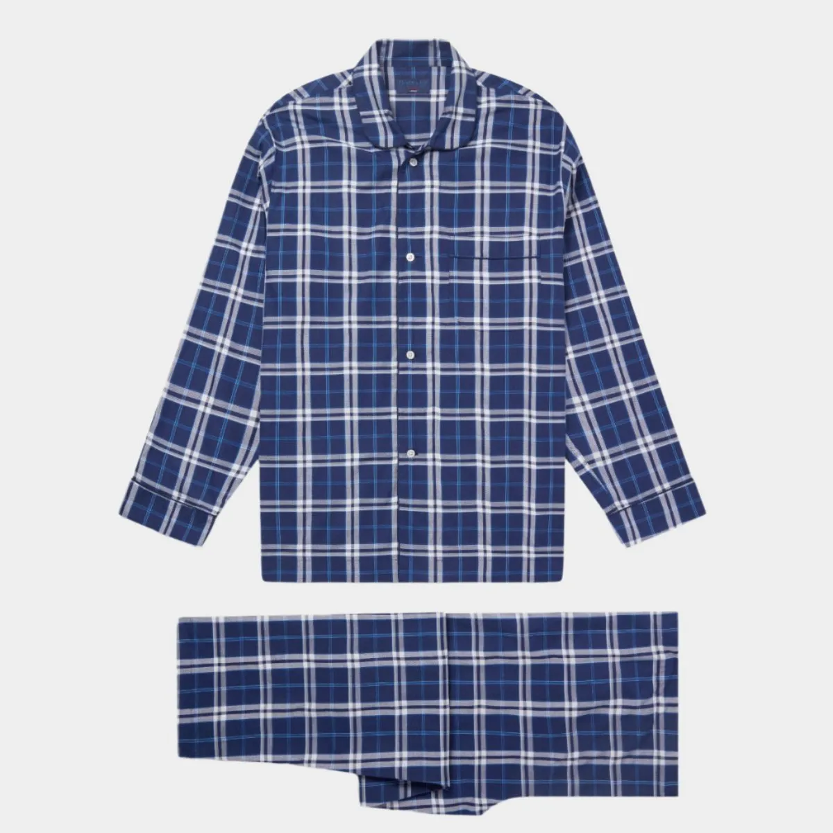 Large Blue Check Cotton Pyjamas With Navy Piping