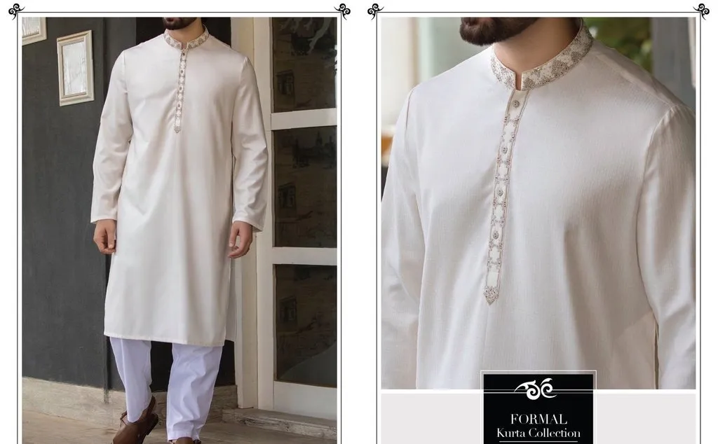 Latest Pakistani Off White Mens Kurta with Gala work - Men15