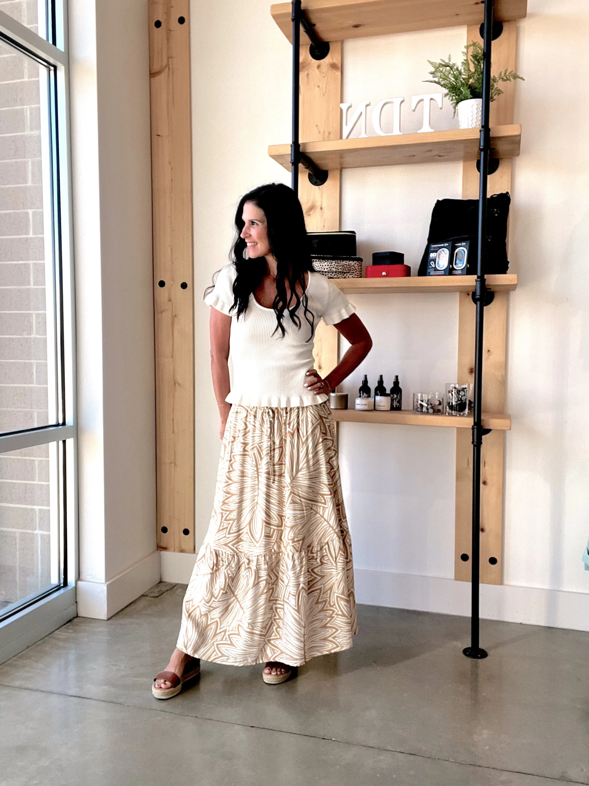 Leaf Print Ruffle Midi Skirt in Khaki
