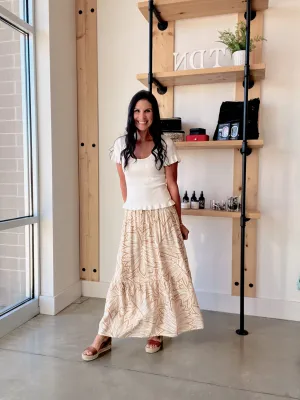 Leaf Print Ruffle Midi Skirt in Khaki